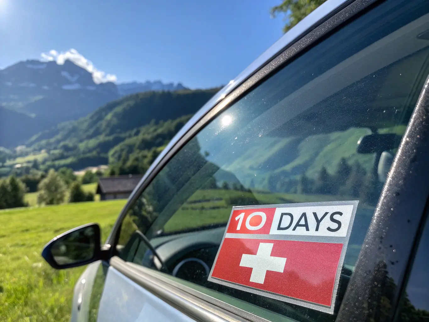 A close-up shot of a Swiss road vignette sticker affixed to the inside of a car windshield, with a blurred background of a scenic Swiss alpine road.